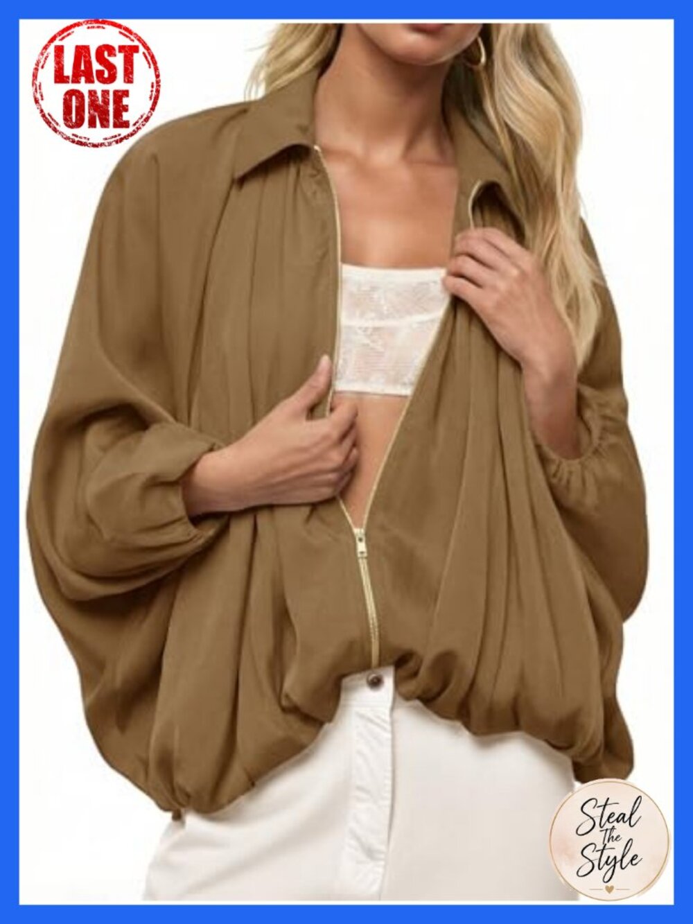 Oversized Bomber Jacket Batwing Sleeve Zip Up Lightweight Pleated Women's Layer